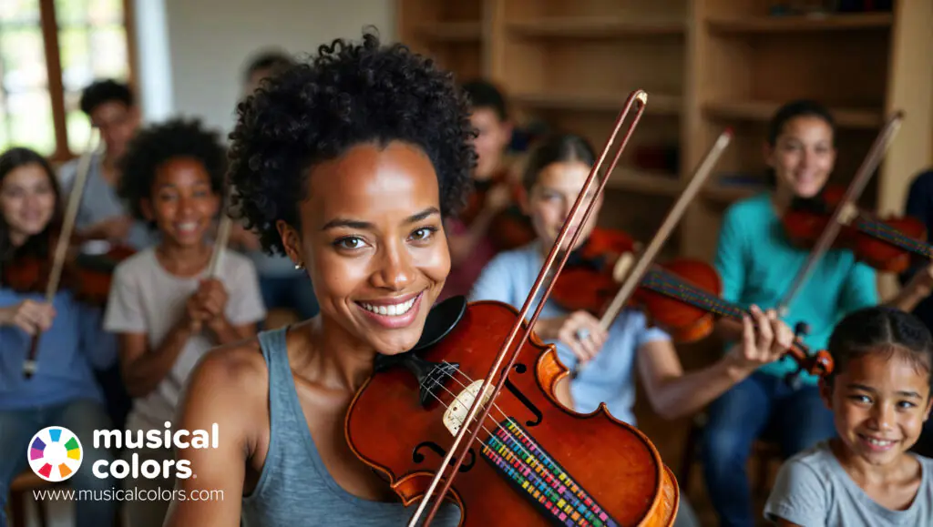 Music education with color-coded instruments in a classroom setting